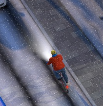 Illustration einer Baustelle im Winter: Blick von oben auf mehrere Bauarbeiter bei Schnee. Die Baustelle befindet sich inmitten einer Wohnanalage.