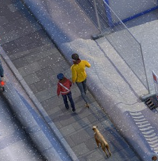 Illustration einer Baustelle im Winter: Blick von oben auf mehrere Bauarbeiter bei Schnee. Die Baustelle befindet sich inmitten einer Wohnanalage.