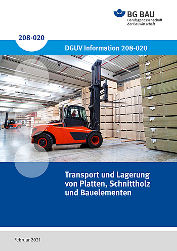 Titelbild DGUV Information 208-020 Transport und Lagerung von Platten, Schnittholz und Bauelementen
