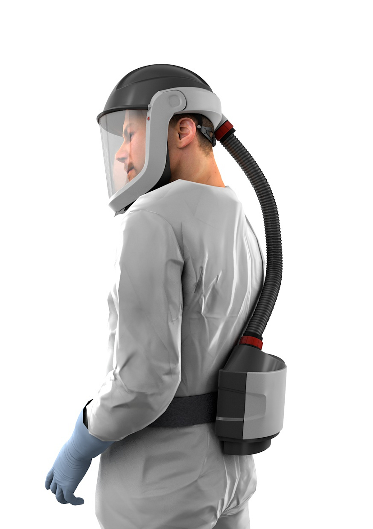 Eine Person trägt einen grauen Anzug und einem gebläseunterstützten Filtergeräte mit Schutzhelm. Dieser bietet als Persönliche Schutzausrüstung einen hohen Schutz gegen mehrfache Gefährdungen.