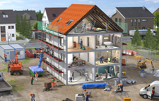 In einem Mehrfamilienhaus auf einer Baustelle werden sowohl in Innenräumen als auch im Außenbereich Arbeitssituationen mit Staubbelastung bei der Arbeit gezeigt.