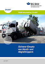 Titelseite der DGUV Information 214-017: Sicherer Einsatz von Abroll- und Abgleitkippern.