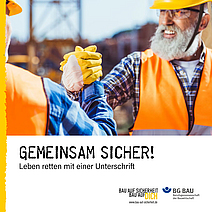 Flyer-Titelbild: zwei Männer mit Schutzhelm, Warnweste und Arbeitshandschuhen begrüßen sich mit brüderlichem Handschlag
