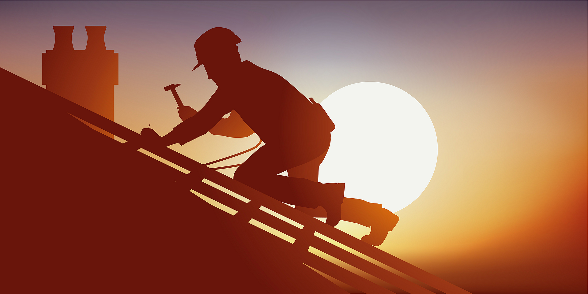 Illustration eines Dachdeckers mit Schutzhelm und Persönlicher Schutzausrüstung, der auf einem Dach eines Hauses bei Sonnenuntergang arbeitet.