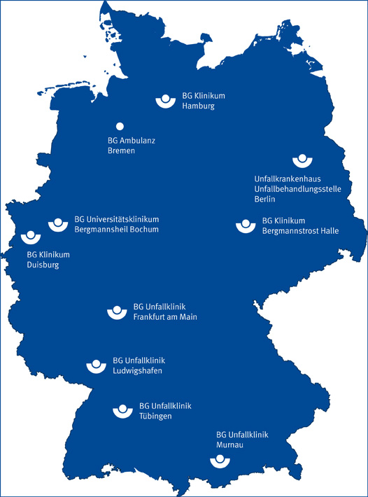 Auf der Deutschlandkarte sind die Standorte der BG Kliniken abgebildet, wo die BG BAU eine stationäre (in der BG Klinik Bremen eine ambulante) Reha-Koordination anbietet.