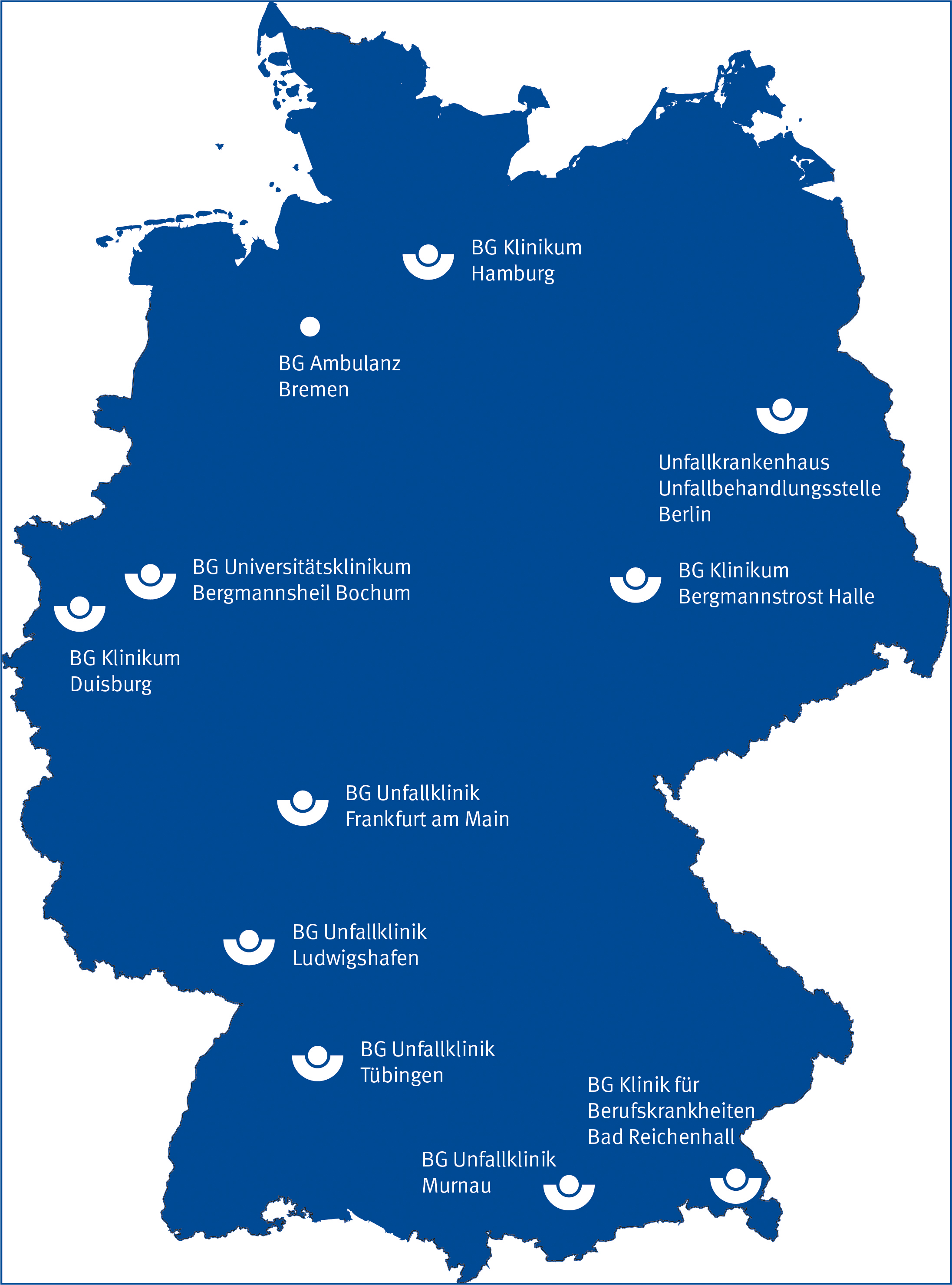 Deutschlandkarte mit blauer Hintergrundfarbe. Die Standorte der BG Kliniken sind mit der weißen BG-Schüssel eingezeichnet.
