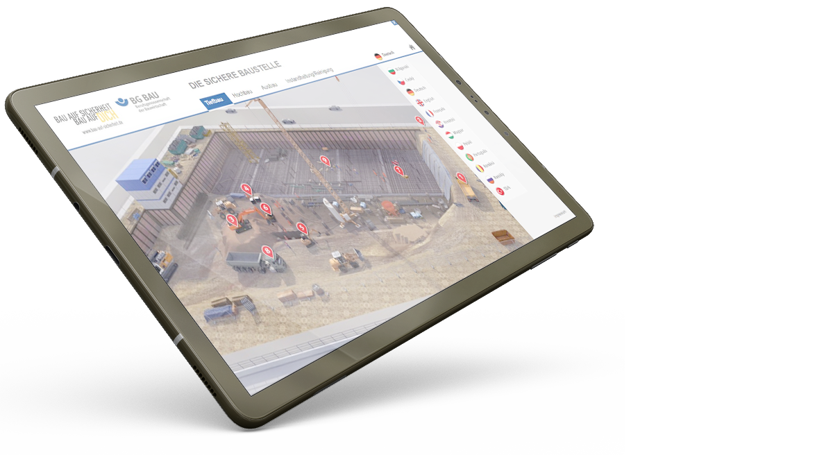 Tablet mit der interaktiven Anwendung "Die sichere Baustelle" und dem Hinweis "Klick"