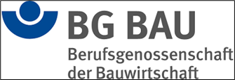 Logo: ein blauer Punkt mit einem blauen Halbkreis darunter, rechts daneben steht BG BAU Berufsgenossenschaft der Bauwirtschaft