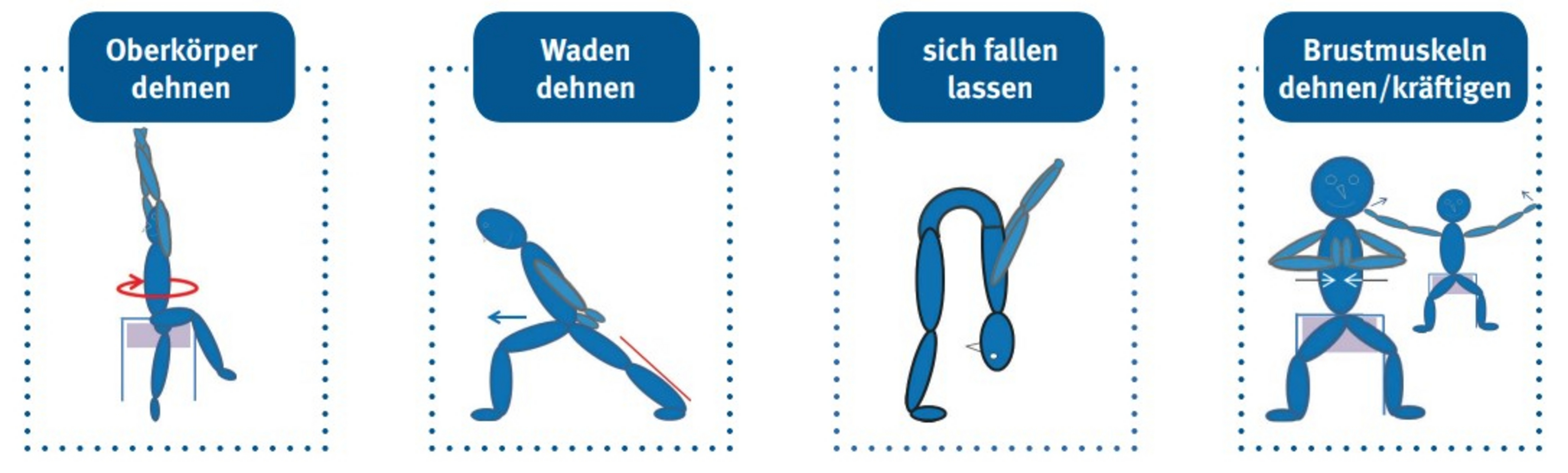 Eine blaue Figur zeigt vier verschiedene Dehn&uuml;bungen.
