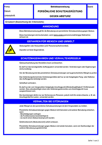 Betriebsanweisungen für Arbeitsmittel: Persönliche Schutzausrüstung gegen Absturz