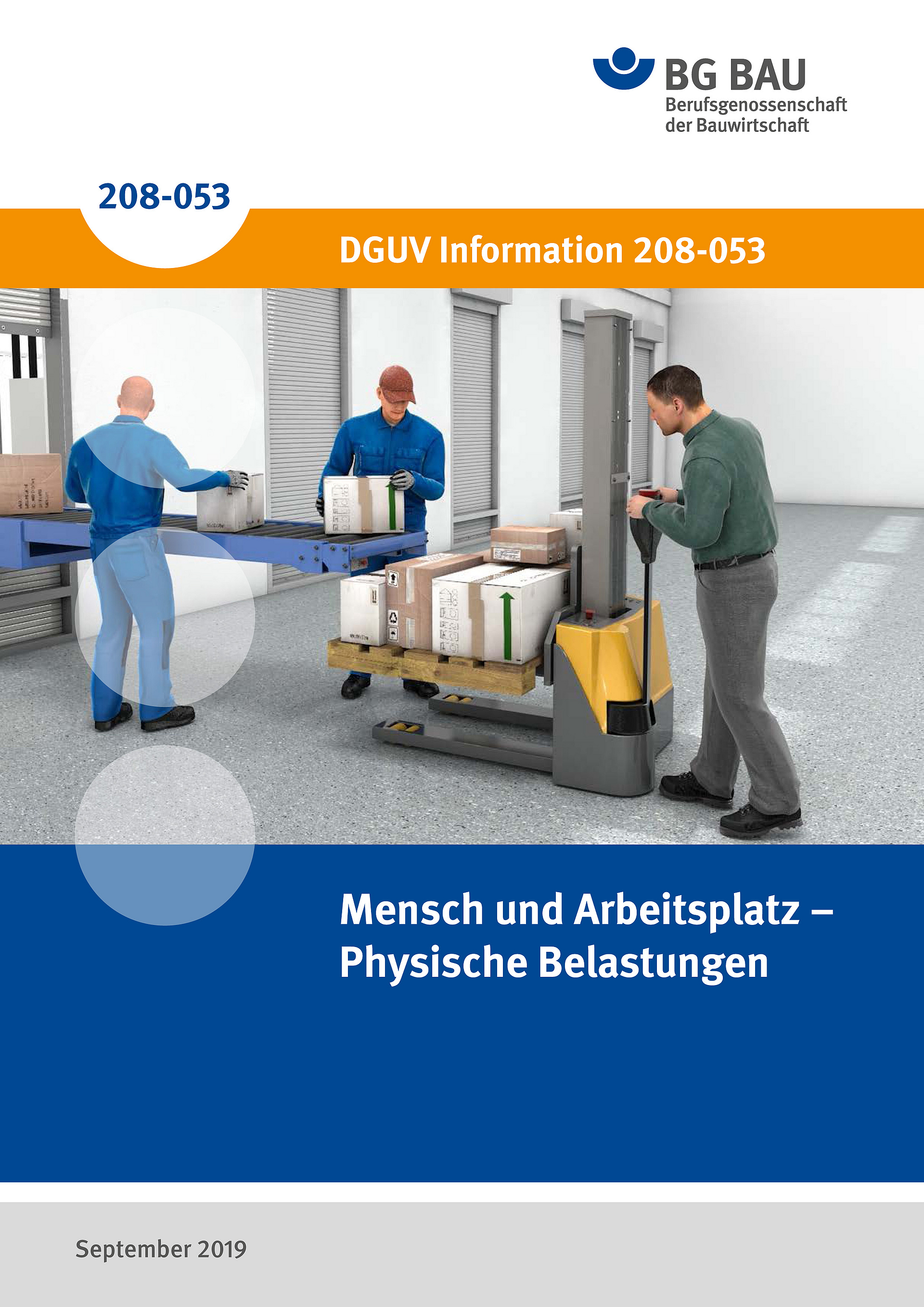 Titelbild der DGUV Information 208-053: Mensch und Arbeitsplatz - Physische Belastungen