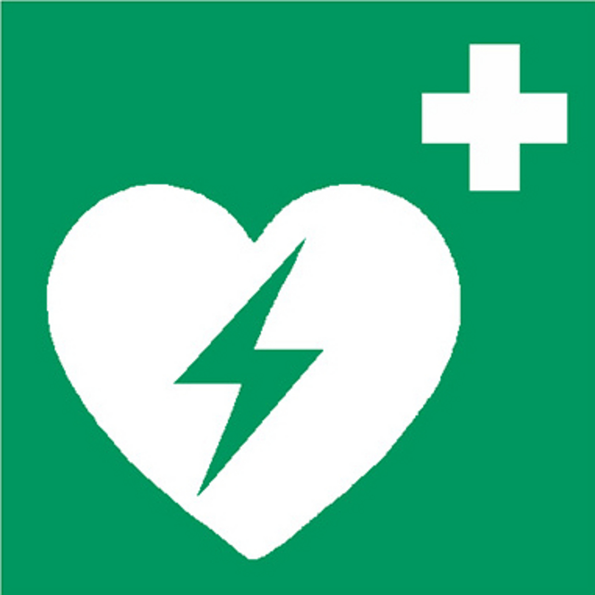 Quadratisches Logo. Weißes Herz mit Blitz in der Mitte auf grünem Hintergrund. Oben rechts ein weißes Kreuz.