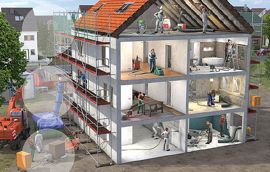 Eine Zeichnung bildet ein 3-geschossiges Haus im Querschnitt ab.