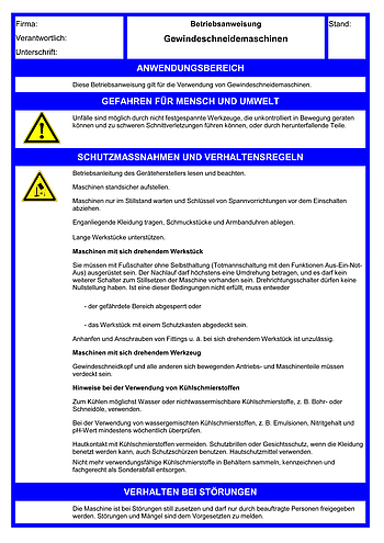 Betriebsanweisungen für Arbeitsmittel: Gewindeschneidemaschinen