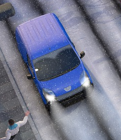 Illustration einer Baustelle im Winter: Blick von oben auf mehrere Bauarbeiter bei Schnee. Die Baustelle befindet sich inmitten einer Wohnanalage.