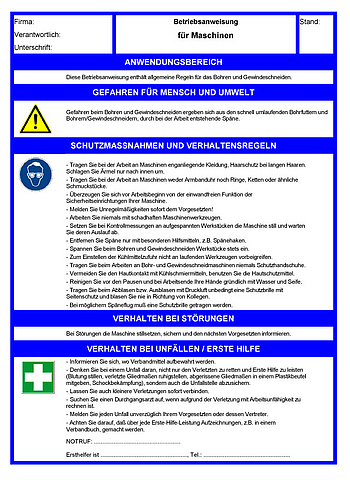 Betriebsanweisungen für Arbeitsmittel: Bohrmaschine / Gewindeschneidemaschine