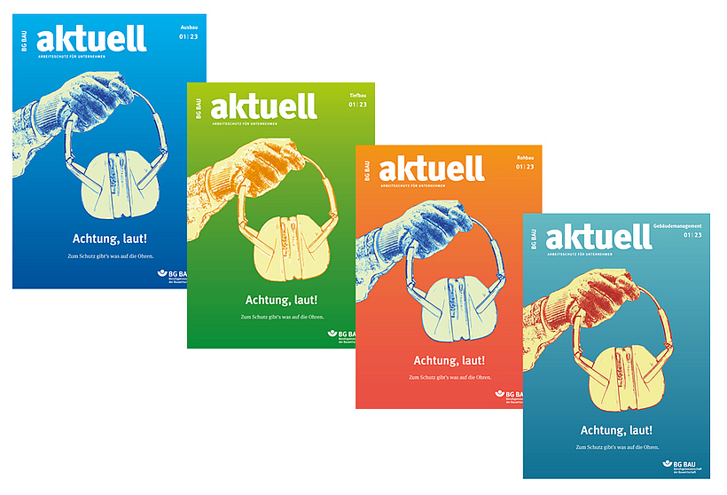 Collage der Titelbilder von BG BAU aktuell 1-2023.