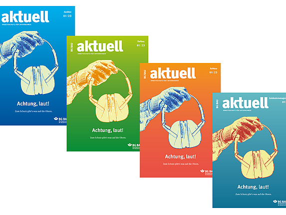 Collage der Titelbilder von BG BAU aktuell 1-2023.