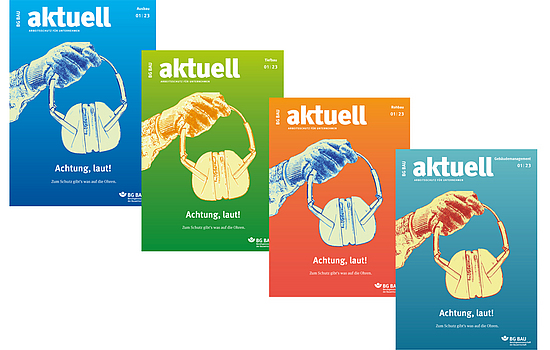Collage der Titelbilder von BG BAU aktuell 1-2023.