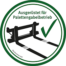 Rundes grünes Siegel mit der Aufschrift "Ausgerüstet für Palettengabelbetrieb": In der Mitte ist eine stilisierte schwarze Palettengabel mit grünem Häkchen und der Abrufnummer H27 dargestellt. 