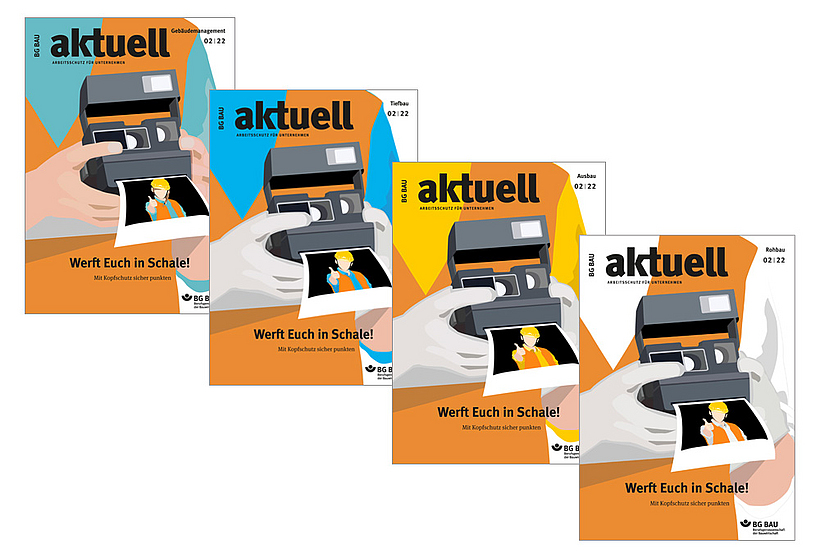 Titelseiten der vier Branchenfassungen (Ausbau, Rohbau, Tiefbau, Gebäudemanagement) des Magazins BG BAU aktuell, Ausgabe 2/2022