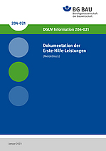 Titelbild der DGUV Information 204-021: Dokumentation der Erste-Hilfe-Leistungen (Meldeblock)
