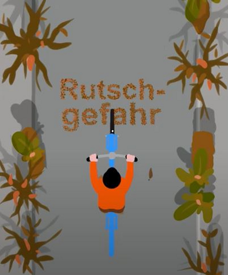 Illustration aus der Vogelperspektive mit einem Radfahrer auf einer herbstlichen Straße, auf der das Wort "Rutschgefahr" aus Laub gebildet wurde.