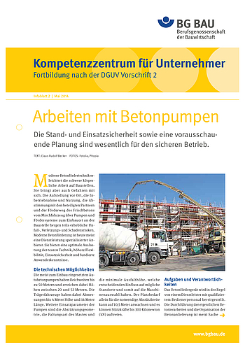 Kompetenzzentrum für Unternehmer - Fortbildung nach DGUV Vorschrift 2 "Arbeiten mit Betonpumpen" Titelbild Kompetenzzentrum für Unternehmer - Fortbildung nach DGUV Vorschrift 2 "Arbeiten mit Betonpumpen"