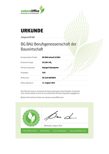 Urkunde CO2-Ausgleich Produktion BG BAU aktuell 3/2021 