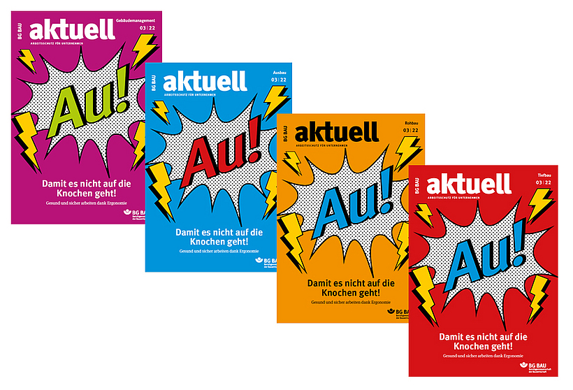 Titelseiten der vier Branchenfassungen (Ausbau, Rohbau, Tiefbau, Gebäudemanagement) des Magazins BG BAU aktuell, Ausgabe 3/2022