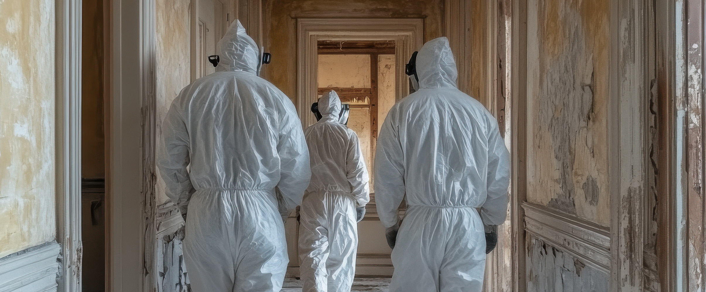 Beschäftigte mit Schutzanzügen in einem alten Haus.