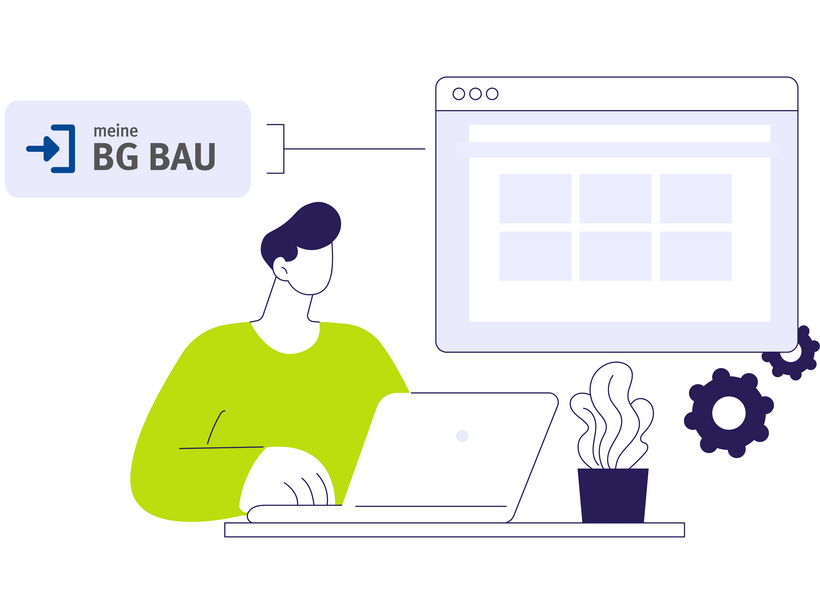 Die Illustration zeigt eine Person, die sich bei "meine BG BAU" am Laptop anmeldet.