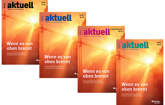 Collage der Titelbilder von BG BAU aktuell 2-2025