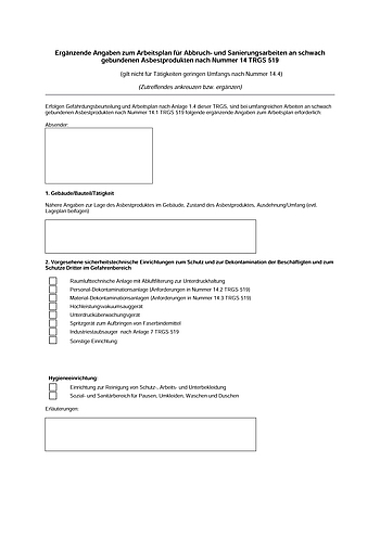 Ergänzende Angaben zum Arbeitsplan für umfangreiche AS-Arbeiten an schwach gebundenen Asbestprodukten nach Nummer 14.1 (Anlage 1.5)