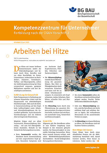 Titelbild des BG BAU aktuell Beilegers Kompetenzzentrum für Unternehmer - Fortbildung nach der DGUV Vorschrift 2: Arbeiten bei Hitze, Infoblatt 2 Juni 2022