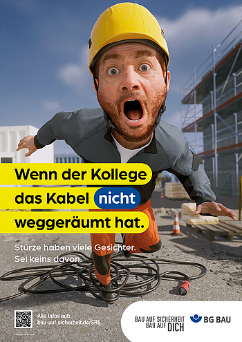 Ein Mann stolpert auf einer Baustelle über ein Kabel. Auf dem Bild steht: Wenn der Kollege das Kabel nicht weggeräumt hat.