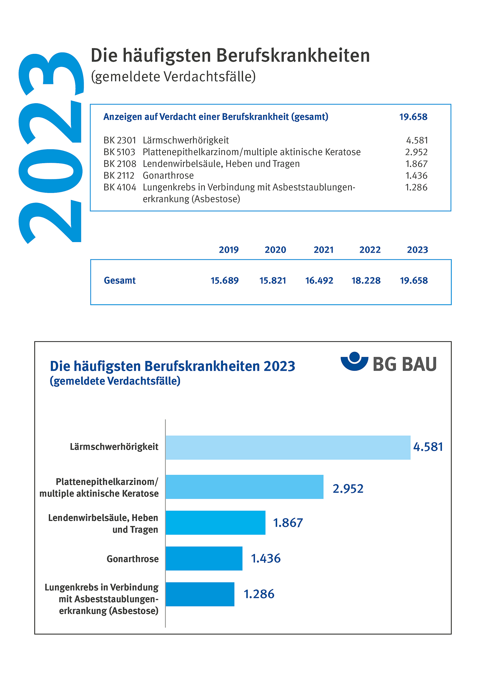 Grafik zeigt die häufigsten Berufskrankheiten von 2019 bis 2023.