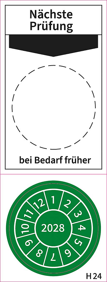 Abbildung der Prüfplakette für Arbeitsmittel H24 für 2028.
