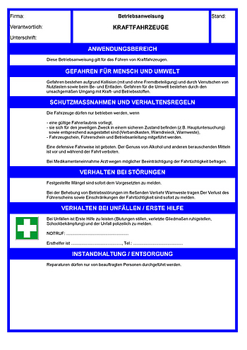 Betriebsanweisungen für Arbeitsmittel: Kraftfahrzeuge
