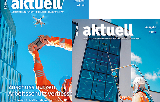 Collage der Titelbilder von BG BAU aktuell 3-2026.