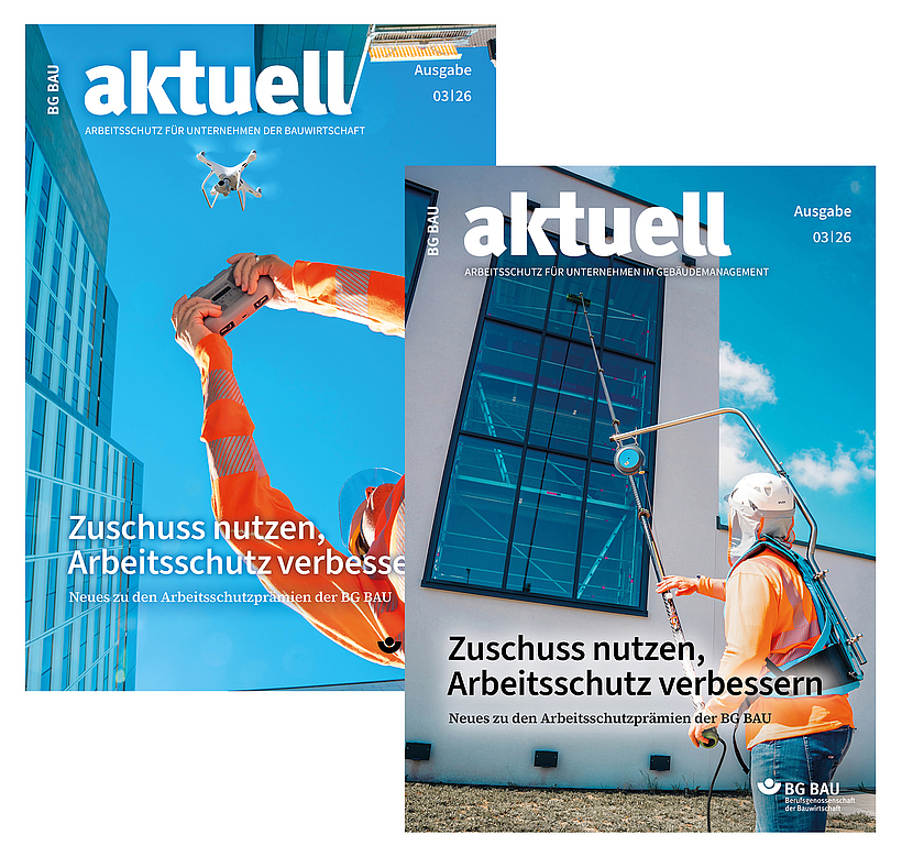 Collage der Titelbilder von BG BAU aktuell 3-2026.