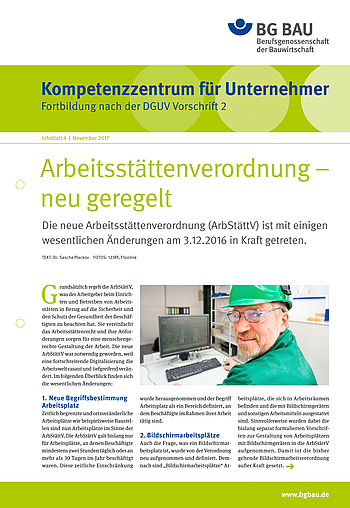 Kompetenzzentrum für Unternehmer - Fortbildung nach DGUV Vorschrift 2 "Arbeitsstättenverordnung - neu geregelt" Titelbild Kompetenzzentrum für Unternehmer - Fortbildung nach DGUV Vorschrift 2 "Arbeitsstättenverordnung - neu geregelt"