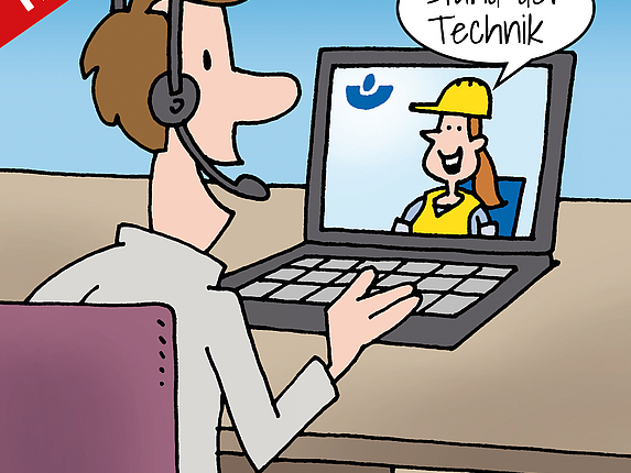 Illustration eines Mannes, der mit einem Headset vor einem Laptop sitzt und ein BG BAU Online-Seminar zum "Stand der Technik" verfolgt.