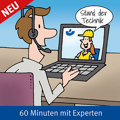 Illustration eines Mannes, der mit einem Headset vor einem Laptop sitzt und ein BG BAU Online-Seminar zum "Stand der Technik" verfolgt.