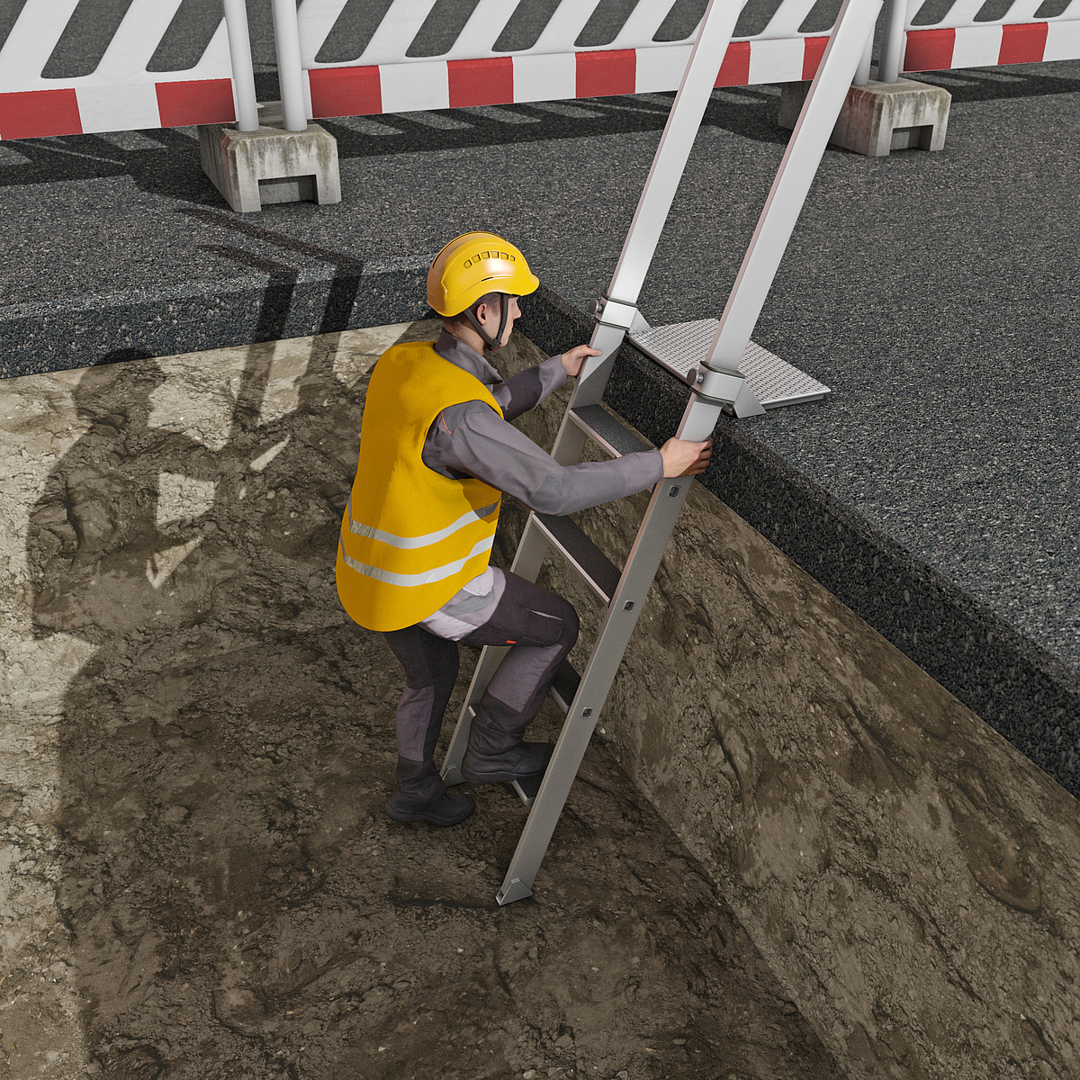 Ein Mann mit Schutzhelm, Warnweste und Arbeitskleidung steigt auf einer Stufenanlegeleiter aus einer Baugrube.