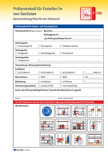 Titelbild Baustein F 705 Prüfprotokoll für Ersteller von Gerüsten Benutzungsplan/Kennzeichnung