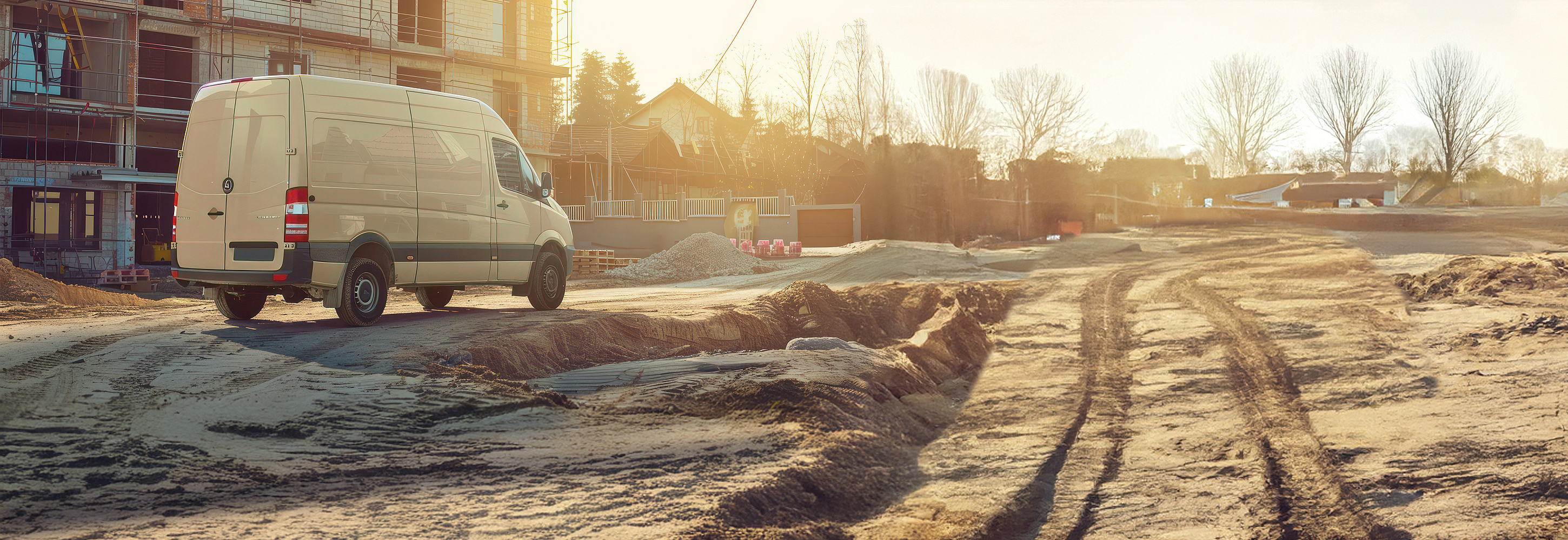Fahrspuren eines Transporters auf einer Baustelle.