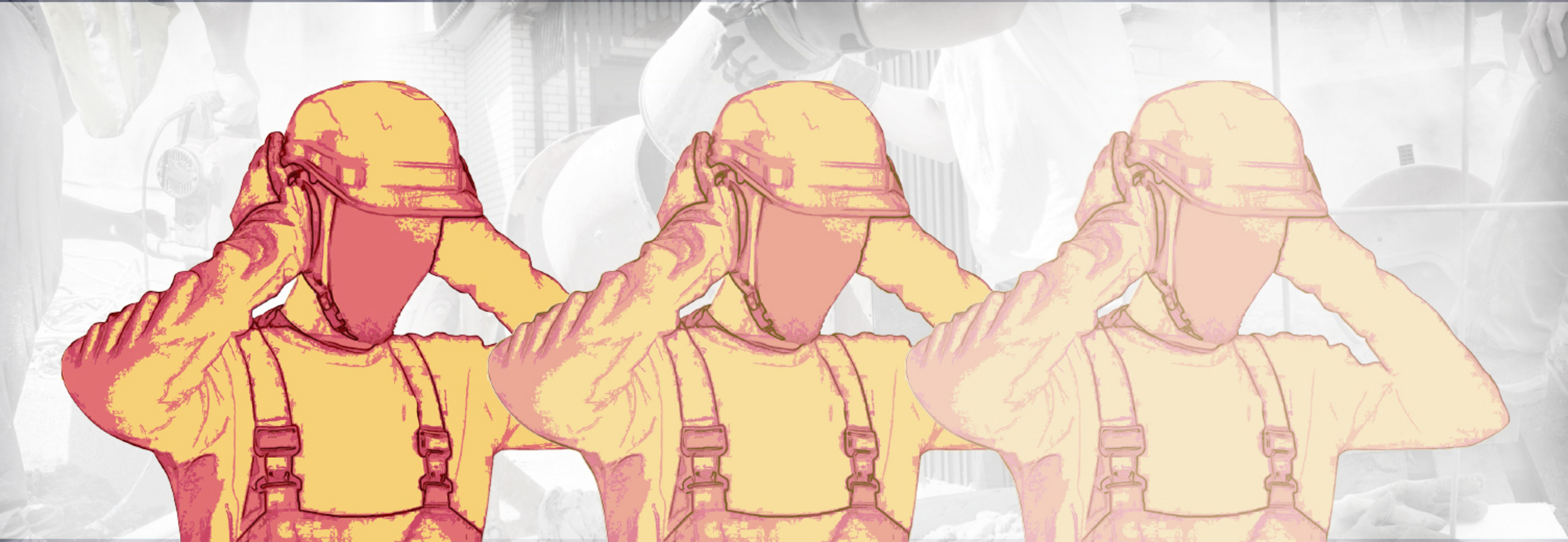 Mann steht auf einer Baustelle und dr&uuml;ckt seinen Kapselgeh&ouml;rschutz gegen die Ohren.