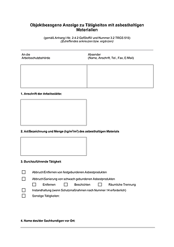 Objektbezogene Mitteilung zu Tätigkeiten mit asbesthaltigen Gefahrstoffen (Anlage 1.3)