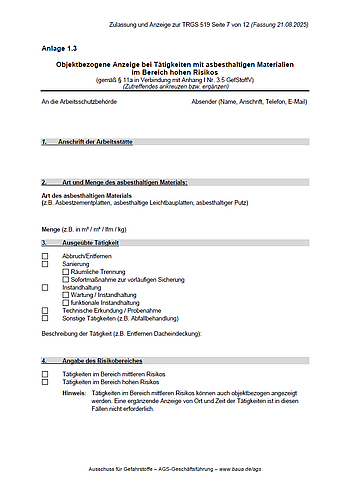 Objektbezogene Mitteilung zu Tätigkeiten mit asbesthaltigen Gefahrstoffen (Anlage 1.3)